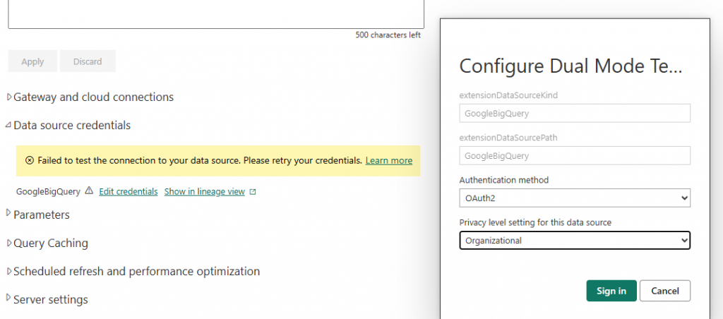 Configuring dataset credentials