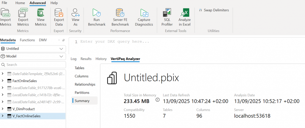 Vertipaq analyzer dataset summary