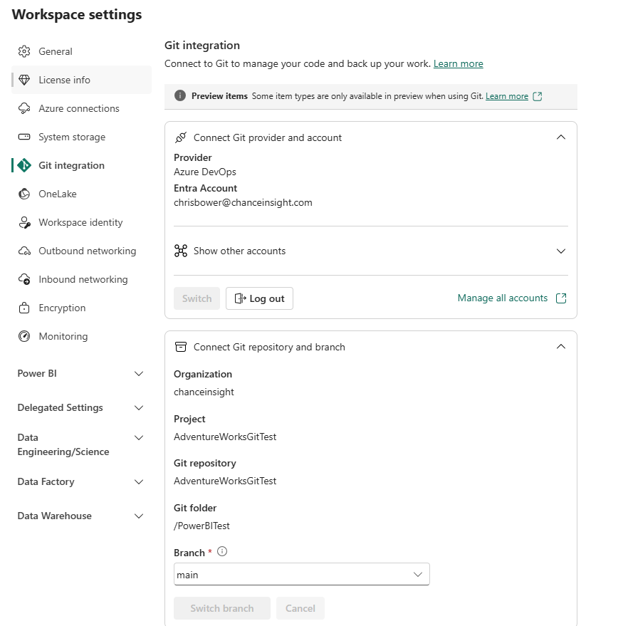 Git Integration settings